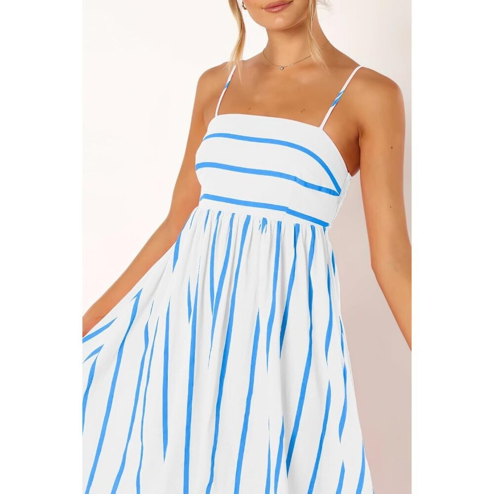 Women's Wide Blue White Striped Back Smocked Spaghetti Strap Cut Out Maxi Dress - Picture 6 of 7